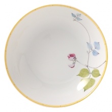 Adapted from botanical drawings of gardens in Mumbai, India, where an abundance of rare plant species grow, precisely detailed floral and vegetal illustrations adorn this fine porcelain bowl from Bernardaud. It's edged with a rattan trompe l'oeil pattern reminiscent of popular Indian furniture designs. Adapted from botanical drawings of gardens in Mumbai, India, where an abundance of rare plant species grow, precisely detailed floral and vegetal illustrations adorn this fine porcelain bowl from Bernardaud. It's edged with a rattan trompe l'oeil pattern reminiscent of popular Indian furniture designs.