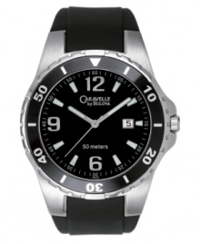 A comfortable, sports watch feel with refined style, from Caravelle by Bulova. Black rubber strap. Silvertone mixed metal round case and round black dial with date window, logo and numeral indices. Quartz movement. Water resistant to 50 meters. Two-year limited warranty.