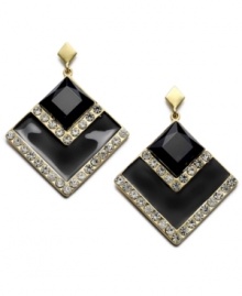 Take it back a decade or two. Bar III's retro-fab style combines diamond-shaped black enamel drops with sweet rows of crystal and a gold tone mixed metal post setting. Approximate drop: 1-5/8 inches. Take it back a decade or two. Bar III's retro-fab style combines diamond-shaped black enamel drops with sweet rows of crystal and a gold tone mixed metal post setting. Approximate drop: 1-5/8 inches.