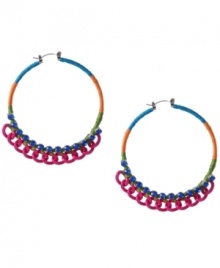 Attract some attention. The eye-catching details of blue, orange and green thread, vibrant blue crystal cup accents and a hot pink chain all make Haskell's hoop earrings a must for the aspiring fashionista. Crafted in rhodium-plated mixed metal. Approximate diameter: 2-3/8 inches. Approximate drop: 2-1/4 inches. Attract some attention. The eye-catching details of blue, orange and green thread, vibrant blue crystal cup accents and a hot pink chain all make Haskell's hoop earrings a must for the aspiring fashionista. Crafted in rhodium-plated mixed metal. Approximate diameter: 2-3/8 inches. Approximate drop: 2-1/4 inches.
