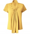 Raise the bar on contemporary classics with Steffen Schrauts elegant gold short sleeve silk top -  Small stand up collar with decorative draped silk panel at front - Easy, feminine silhouette tapers gently through waist - Pair with a blazer or denim jacket and style with with pencil skirts, skinny denim or dress trousers