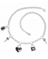 Put a lock on this chic style. GUESS's versatile charm necklace perfects any look with its intricate five charm design. Charms include two keys, two locks, and the signature quattro G logo. Crafted in silver tone mixed metal with jet epoxy and crystal accents. Approximate length: 16 inches + 2-inch extender. Approximate drop: 1/2 inch.