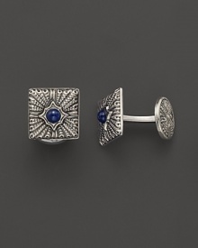 Elegant, intricately textured sterling silver cufflinks, set with sapphires, from Buccellati. Elegant, intricately textured sterling silver cufflinks, set with sapphires, from Buccellati.