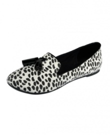 A spotted take on one of the season's hottest trends. Material Girl's Sampson smoking flats feature dalmatian spots and cool contrasting tassels on the vamp. A spotted take on one of the season's hottest trends. Material Girl's Sampson smoking flats feature dalmatian spots and cool contrasting tassels on the vamp.