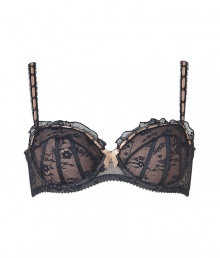 Get the sultry glamorous look of a vintage 1950s pin up girl in Von Follies by Dita Von Teeses black and nude stretch lace balconette bra - Underwire style with wired sides, lightly padded structured cups, grosgrain and satin ribbon detailing over sheer black stretch lace, ruffled lace trim on cups, laced satin wide adjustable straps with silver-toned hardware, sheer mesh sides, iconic soft elastic triangle cross back detail, adjustable silver-toned back hook-and-eye closures - Wear with the matching thong for a seriously seductive look Get the sultry glamorous look of a vintage 1950s pin up girl in Von Follies by Dita Von Teeses black and nude stretch lace balconette bra - Underwire style with wired sides, lightly padded structured cups, grosgrain and satin ribbon detailing over sheer black stretch lace, ruffled lace trim on cups, laced satin wide adjustable straps with silver-toned hardware, sheer mesh sides, iconic soft elastic triangle cross back detail, adjustable silver-toned back hook-and-eye closures - Wear with the matching thong for a seriously seductive look
