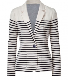 Elegant blazer in fine, cream viscose stretch blend - Chic navy horizontal stripe motif - Fitted, single-breasted style with one-button closure - Small collar and pockets at either hip - Slim silhouette tapers at waist - A polished, feminine spin on masculine tailoring - Pair with a fitted t-shirt and wide-leg trousers or a longer tunic top and skinny denim