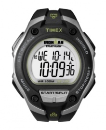 Beat your best time with this durable Ironman watch by Timex. Black resin strap and round case. Green logo at bezel. Positive display digital dial features INDIGLO night-light, chronograph, 30-lap memory recall, lap counter and countdown timer. Quartz movement. Water resistant to 100 meters. One-year limited warranty. Beat your best time with this durable Ironman watch by Timex. Black resin strap and round case. Green logo at bezel. Positive display digital dial features INDIGLO night-light, chronograph, 30-lap memory recall, lap counter and countdown timer. Quartz movement. Water resistant to 100 meters. One-year limited warranty.