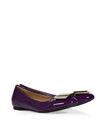 Work a burst of color into chic classic looks with Salvatore Ferragamos purple patent leather ballerinas, complete with a sleek logo buckle for that iconic edge - Rounded toe, elasticized topline, rubber sole - Pair with everything from tees and favorite skinnies to boucl? jackets and tailored skirts Work a burst of color into chic classic looks with Salvatore Ferragamos purple patent leather ballerinas, complete with a sleek logo buckle for that iconic edge - Rounded toe, elasticized topline, rubber sole - Pair with everything from tees and favorite skinnies to boucl? jackets and tailored skirts