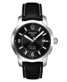 Time to go luxe. This Tissot watch features a black leather strap with white stitching and stainless steel case. Black dial with logo, date window at 3 o'clock and silvertone numerals at 12, 6 and 9 o'clock. Quartz movement. Water resistant to 200 meters. Two-year limited warranty. Time to go luxe. This Tissot watch features a black leather strap with white stitching and stainless steel case. Black dial with logo, date window at 3 o'clock and silvertone numerals at 12, 6 and 9 o'clock. Quartz movement. Water resistant to 200 meters. Two-year limited warranty.