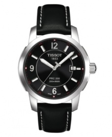 Time to go luxe. This Tissot watch features a black leather strap with white stitching and stainless steel case. Black dial with logo, date window at 3 o'clock and silvertone numerals at 12, 6 and 9 o'clock. Quartz movement. Water resistant to 200 meters. Two-year limited warranty.