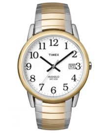 Elevate your style with this Timex watch featuring a goldtone and silvertone stainless steel expansion bracelet and round mixed metal case. White dial with black numerals, logo and date window. Analog movement. Water resistant to 30 meters. One-year limited warranty. Elevate your style with this Timex watch featuring a goldtone and silvertone stainless steel expansion bracelet and round mixed metal case. White dial with black numerals, logo and date window. Analog movement. Water resistant to 30 meters. One-year limited warranty.