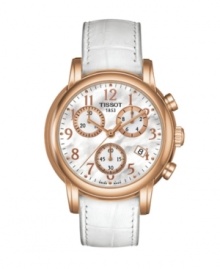 Stand out from the crowd with the rich texture and crisp white of this Dress Sport watch by Tissot. White leather croc-embossed strap and round rose goldtone PVD stainless steel case. White mother-of-pearl chronograph dial features rose goldtone numerals, date window at four o'clock, three subdials and black logo. Swiss movement. Water resistant to 30 meters. Two-year limited warranty. Stand out from the crowd with the rich texture and crisp white of this Dress Sport watch by Tissot. White leather croc-embossed strap and round rose goldtone PVD stainless steel case. White mother-of-pearl chronograph dial features rose goldtone numerals, date window at four o'clock, three subdials and black logo. Swiss movement. Water resistant to 30 meters. Two-year limited warranty.