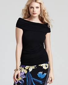 Boasting a feminine cowl neckline and a flattering ruched bodice, this T Tahari top lends modern elegance to vibrant skirts and sleek denim. Boasting a feminine cowl neckline and a flattering ruched bodice, this T Tahari top lends modern elegance to vibrant skirts and sleek denim.