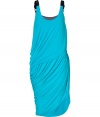 Ultra-chic dress in fine, pure bright blue viscose - Soft, summer weight material hangs beautifully - Elegant, all-over drape detail and asymmetric cut - Tank- style bodice with round neckline and contrast black straps - Slim, curve-hugging silhouette with gathered waist - Slit skirt hits above the knee - Sexy and sporty, casually polished for day or evening - Pair with flat leather sandals or wedges