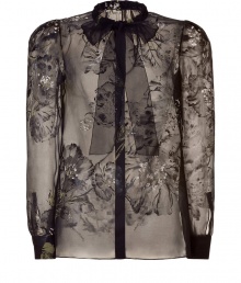 Embrace lush, ladylike luxe this season with Valentinos black silk blouse - Sumptuously soft, sheer fabric features a rich floral motif - Elegant tie neck style with small, stand up collar - Long, cuffed sleeves, gently peaked shoulders and decorative black trim - Slim silhouette tapers gently through waist - Pair with pencil skirts, wide leg trousers and cigarette pants Embrace lush, ladylike luxe this season with Valentinos black silk blouse - Sumptuously soft, sheer fabric features a rich floral motif - Elegant tie neck style with small, stand up collar - Long, cuffed sleeves, gently peaked shoulders and decorative black trim - Slim silhouette tapers gently through waist - Pair with pencil skirts, wide leg trousers and cigarette pants
