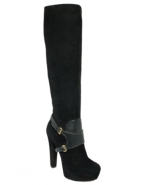 Hold steady. With a harness across the vamp and a tall suede shaft, these towering boots add major height and style. Hold steady. With a harness across the vamp and a tall suede shaft, these towering boots add major height and style.