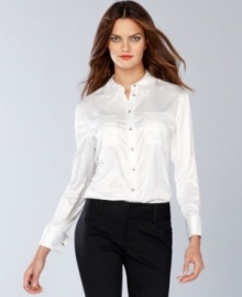 Menswear-inspired shirt dressing goes all-out glam! INC renders this classic piece in smooth satin, topped with sparkling rhinestone buttons. Menswear-inspired shirt dressing goes all-out glam! INC renders this classic piece in smooth satin, topped with sparkling rhinestone buttons.