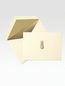 The pineapple has been a symbol of hospitality for centuries, so these are the ideal notecards for a housewarming or new neighbor. Hand-engraved cotton card stock features fine detail and matching envelopes. Includes 25 notecards with lined envelopes Blank inside High-quality cotton fiber paper Each, 8W X 5¾H Made in USA The pineapple has been a symbol of hospitality for centuries, so these are the ideal notecards for a housewarming or new neighbor. Hand-engraved cotton card stock features fine detail and matching envelopes. Includes 25 notecards with lined envelopes Blank inside High-quality cotton fiber paper Each, 8W X 5¾H Made in USA