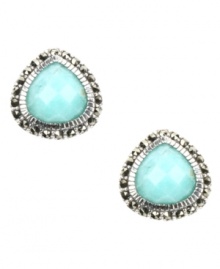 Add a delicious drop to add drama to any look. Judith Jack's sweet-hued Peruvian amazonite button stud earrings feature a chic, teardrop shape surrounded by glittering marcasite. Set in sterling silver. Approximate diameter: 5/8 inch. Add a delicious drop to add drama to any look. Judith Jack's sweet-hued Peruvian amazonite button stud earrings feature a chic, teardrop shape surrounded by glittering marcasite. Set in sterling silver. Approximate diameter: 5/8 inch.