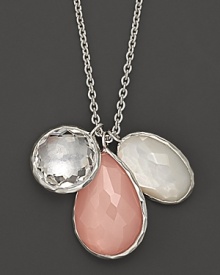 Three faceted stones, in hues ranging from crystal-clear quartz to blushing mother-of-pearl, dangle from a delicate sterling silver chain. Three faceted stones, in hues ranging from crystal-clear quartz to blushing mother-of-pearl, dangle from a delicate sterling silver chain.