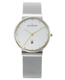 When style perfectly melds with function. This Skagen Denmark timepiece features a signature silvertone stainless steel mesh bracelet and case with a goldtone bezel, markers, and dots-- all contrasted on a white dial with a date window. Three-hand, quartz movement. Water resistant to 30 meters.