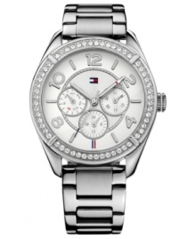 The classic steel watch receives a ladylike touch with Swarovski accents on this Tommy Hilfiger watch. The classic steel watch receives a ladylike touch with Swarovski accents on this Tommy Hilfiger watch.
