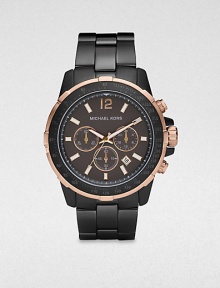 Warm rose gold accents add style and definition to this three-eye chronograph timepiece, constructed from stainless steel with a stainless steel link bracelet for long-lasting comfort and wearability.Chronograph movementRound bezelWater resistant to 10ATMDate display at 4 o'clockSecond handStainless steel case: 45mm(1.77)Stainless steel braceletImported Warm rose gold accents add style and definition to this three-eye chronograph timepiece, constructed from stainless steel with a stainless steel link bracelet for long-lasting comfort and wearability.Chronograph movementRound bezelWater resistant to 10ATMDate display at 4 o'clockSecond handStainless steel case: 45mm(1.77)Stainless steel braceletImported