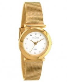 Make every day golden! The gold-tone, stainless steel, mesh bracelet and round, white dial combine for a sleek sensibility. Features ultraslim Japanese quartz. Water resistant up to 3 ATM. Lifetime imited warranty.