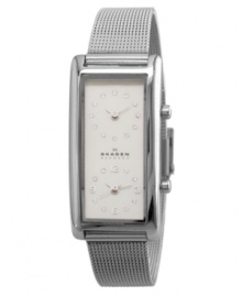 For the modern jetsetter, this sophisticated Skagen Denmark watch offers two time zone reads with an elegant design. Silvertone stainless steel mesh bracelet. Rectangular stainless steel case. Rectangular white dial with dual clocks, Swarovski crystal accents and logo. Quartz movement. Water resistant to 30 meters. Limited lifetime warranty.