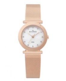 Skagen Denmark's signature mesh stuns with rose-gold warmth. Rose-gold-plated stainless steel bracelet and round case. White mother-of-pear dial features crystal accents at markers, three rose-gold tone hands and logo. Quartz movement. Water resistant to 30 meters. Limited lifetime warranty.