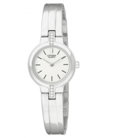 Clean lines allow the Swarovski elements to shine on this watch by Citizen. Clean lines allow the Swarovski elements to shine on this watch by Citizen.