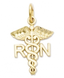Honor your favorite nurse with this symbolic charm. Crafted in 14k gold, charm features a polished design with the letters RN. Chain not included. Approximate length: 4/5 inch. Approximate width: 1/2 inch. Honor your favorite nurse with this symbolic charm. Crafted in 14k gold, charm features a polished design with the letters RN. Chain not included. Approximate length: 4/5 inch. Approximate width: 1/2 inch.