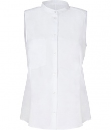 Chic sleeveless top in fine, white cotton - Classic, button down style is fitted and tapers at waist - Small stand-up collar and chest pocket, rounded hem - The details we love: delicate lace scalloping at sides, cinched belt at back - A perennially cool must in any wardrobe - Pair with skinny jeans and ballet flats or dress up with wide-leg trousers and platform pumps Chic sleeveless top in fine, white cotton - Classic, button down style is fitted and tapers at waist - Small stand-up collar and chest pocket, rounded hem - The details we love: delicate lace scalloping at sides, cinched belt at back - A perennially cool must in any wardrobe - Pair with skinny jeans and ballet flats or dress up with wide-leg trousers and platform pumps