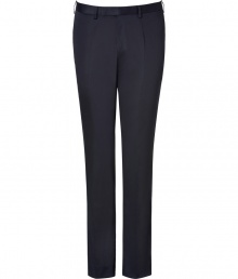 Elegant pant in fine, pure dark blue wool - Lighter weight fabric drapes beautifully - Slim, classic straight cut - Crease detail from hip to hem flatters and lengthens the leg - tab waist with belt loops - Pockets at sides, welt pockets at rear - Sleek and versatile, ideal for both work and play - Pair with a button down and blazer, or go for a more casual look with a t-shirt and cashmere pullover Elegant pant in fine, pure dark blue wool - Lighter weight fabric drapes beautifully - Slim, classic straight cut - Crease detail from hip to hem flatters and lengthens the leg - tab waist with belt loops - Pockets at sides, welt pockets at rear - Sleek and versatile, ideal for both work and play - Pair with a button down and blazer, or go for a more casual look with a t-shirt and cashmere pullover