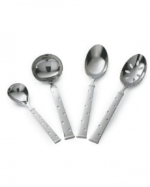 Etched polka-dots on stainless steel lend elegance to your tabletop. Set includes: Sugar spoon, plain tablespoon, pierced tablespoon, and gravy ladle. Etched polka-dots on stainless steel lend elegance to your tabletop. Set includes: Sugar spoon, plain tablespoon, pierced tablespoon, and gravy ladle.