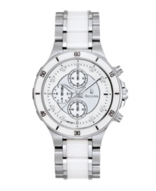 Diamond accents and white ceramic add icy touches to this ultra-contemporary Bulova watch. Stainless steel bracelet with center links of white ceramic and round stainless steel case. White ceramic bezel etched with black numerals holds slightly-domed mineral crystal. White chronograph dial with textured inner dial features eight diamond accents at markers, three subdials, luminous hands and logo at three o'clock. Quartz movement. Water resistant to 30 meters. Three-year limited warranty. Diamond accents and white ceramic add icy touches to this ultra-contemporary Bulova watch. Stainless steel bracelet with center links of white ceramic and round stainless steel case. White ceramic bezel etched with black numerals holds slightly-domed mineral crystal. White chronograph dial with textured inner dial features eight diamond accents at markers, three subdials, luminous hands and logo at three o'clock. Quartz movement. Water resistant to 30 meters. Three-year limited warranty.