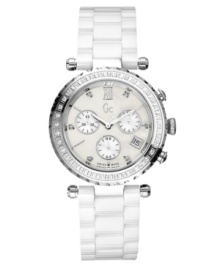 Indulge in the luxury of high-fashion timekeeping with this exquisitely crisp watch by Gc Swiss Made Timepieces. White ceramic bracelet and round stainless steel case. Bezel embellished with 36 genuine pave diamonds (1/2 ct. t.w.). Mother-of-pearl chronograph dial features Roman numeral at twelve o'clock, six diamond accents at markers, silver tone stick indices, date window at four o'clock, three subdials, luminous silver tone hands, and logo. Swiss quartz movement. Water resistant to 100 meters. Ten-year limited warranty. Luxury Gc gift box packaging included. Indulge in the luxury of high-fashion timekeeping with this exquisitely crisp watch by Gc Swiss Made Timepieces. White ceramic bracelet and round stainless steel case. Bezel embellished with 36 genuine pave diamonds (1/2 ct. t.w.). Mother-of-pearl chronograph dial features Roman numeral at twelve o'clock, six diamond accents at markers, silver tone stick indices, date window at four o'clock, three subdials, luminous silver tone hands, and logo. Swiss quartz movement. Water resistant to 100 meters. Ten-year limited warranty. Luxury Gc gift box packaging included.