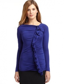 THE LOOKAsymmetrical necklineLong sleevesRuched front with ruffled detailTHE FITAbout 25 from shoulder to hemTHE MATERIALRayonCARE & ORIGINHand washMade in ItalyModel shown is 5'9 (175cm) wearing US size 4. THE LOOKAsymmetrical necklineLong sleevesRuched front with ruffled detailTHE FITAbout 25 from shoulder to hemTHE MATERIALRayonCARE & ORIGINHand washMade in ItalyModel shown is 5'9 (175cm) wearing US size 4.