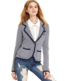 You'll love your look in this chic knit blazer from Tommy Girl! Fun zigzags and colorblocked trim updates an ordinary blazer to the modern day! You'll love your look in this chic knit blazer from Tommy Girl! Fun zigzags and colorblocked trim updates an ordinary blazer to the modern day!