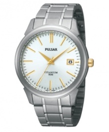 Golden accents lend a regal touch to this ultra-durable watch by Pulsar. Titanium bracelet and round case. White dial features applied gold tone stick indices, black minute track, date window at three o'clock, three hands and logo. Quartz movement. Water resistant to 50 meters. Three-year limited warranty. Golden accents lend a regal touch to this ultra-durable watch by Pulsar. Titanium bracelet and round case. White dial features applied gold tone stick indices, black minute track, date window at three o'clock, three hands and logo. Quartz movement. Water resistant to 50 meters. Three-year limited warranty.