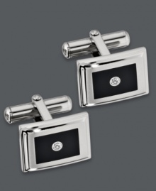 Polished and presentable. Accent your favorite work shirt with these sleek cuff links. Crafted in stainless steel, cuff links features a rectangular black enamel design with a sparkling diamond accent. Surface coated with a scratch-resistant clear finish. Cuff links have swivel backs for ease of use. Approximate length: 5/8 inch. Approximate width: 1/2 inch. Polished and presentable. Accent your favorite work shirt with these sleek cuff links. Crafted in stainless steel, cuff links features a rectangular black enamel design with a sparkling diamond accent. Surface coated with a scratch-resistant clear finish. Cuff links have swivel backs for ease of use. Approximate length: 5/8 inch. Approximate width: 1/2 inch.