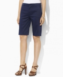 Designed for a flattering, slimming fit from lustrous stretch cotton sateen, these chic Lauren by Ralph Lauren Bermuda shorts are the epitome of timeless, preppy style. Designed for a flattering, slimming fit from lustrous stretch cotton sateen, these chic Lauren by Ralph Lauren Bermuda shorts are the epitome of timeless, preppy style.