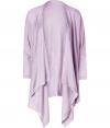 Dramatic with its long draped front, DKNYs soft lavender silk-cashmere cardigan lends a chic edge to any outfit - Draped open front, long sleeves, fine ribbed trim - Softly draped silhouette - Wear with everything from tees and jeans to sheath dresses and heels