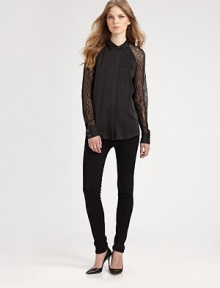 Long lace sleeves and a hidden button front lend a lavish touch to this lightweight silk staple. Point collarHidden button frontLong lace sleevesButtoned cuffsLonger length hits below the hipsSilkDry cleanImportedModel shown is 5'10 (177cm) wearing US size Small. Long lace sleeves and a hidden button front lend a lavish touch to this lightweight silk staple. Point collarHidden button frontLong lace sleevesButtoned cuffsLonger length hits below the hipsSilkDry cleanImportedModel shown is 5'10 (177cm) wearing US size Small.