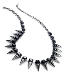 Look sharp with this necklace from Bar III. Crafted from hematite-tone mixed metal, the necklace is adorned with spikes and black glass crystals for a bit of fashion on the edge. Approximate length: 16 inches + 2-inch extender. Look sharp with this necklace from Bar III. Crafted from hematite-tone mixed metal, the necklace is adorned with spikes and black glass crystals for a bit of fashion on the edge. Approximate length: 16 inches + 2-inch extender.