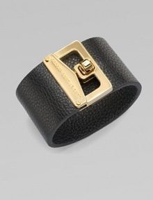 A wide, pebbled leather style with a chic logo accented, turn-lock closure. Leather10K goldplated zincLength, about 7½Turn-lock closureImported A wide, pebbled leather style with a chic logo accented, turn-lock closure. Leather10K goldplated zincLength, about 7½Turn-lock closureImported