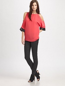 Bold colorblock chiffon in a skin-baring open-sleeve shift.BoatneckOpen sleevesPerforated leather cuffsCenter back zipperAbout 23 from shoulder to hemPolyelastaneDry cleanImportedModel shown is 5'10 (178cm) wearing US size 4. Bold colorblock chiffon in a skin-baring open-sleeve shift.BoatneckOpen sleevesPerforated leather cuffsCenter back zipperAbout 23 from shoulder to hemPolyelastaneDry cleanImportedModel shown is 5'10 (178cm) wearing US size 4.