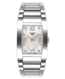 Lovely and luxurious. This Tissot watch features a stainless steel bracelet and case. Mother-of-pearl dial with logo, date window at 3 o'clock, roman numerals at 12, 6 and 9 o'clock and sparkling diamond markers. Swiss made. Quartz movement. Water resistant to 30 meters. Two-year limited warranty. Lovely and luxurious. This Tissot watch features a stainless steel bracelet and case. Mother-of-pearl dial with logo, date window at 3 o'clock, roman numerals at 12, 6 and 9 o'clock and sparkling diamond markers. Swiss made. Quartz movement. Water resistant to 30 meters. Two-year limited warranty.
