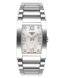 Lovely and luxurious. This Tissot watch features a stainless steel bracelet and case. Mother-of-pearl dial with logo, date window at 3 o'clock, roman numerals at 12, 6 and 9 o'clock and sparkling diamond markers. Swiss made. Quartz movement. Water resistant to 30 meters. Two-year limited warranty.