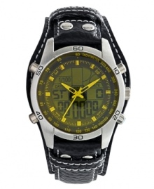 Bypass boring with this bold watch by Unlisted. Black leather cuff strap with contrast stitching and round silver tone mixed metal case. Yellow-tinted positive display digital dial features tachymeter scale, day, date and time and three white hands for analog timekeeping. Quartz movement. Splash resistant. Two-year limited warranty. Bypass boring with this bold watch by Unlisted. Black leather cuff strap with contrast stitching and round silver tone mixed metal case. Yellow-tinted positive display digital dial features tachymeter scale, day, date and time and three white hands for analog timekeeping. Quartz movement. Splash resistant. Two-year limited warranty.